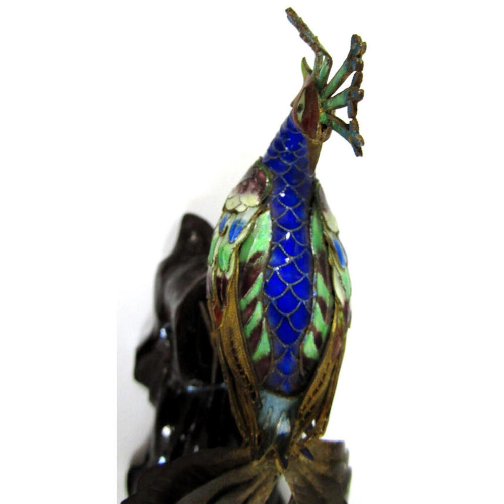 Antique Chinese Silver Gilt Cloisonne Jeweled Peacock Bird Sculpture 19th C. - Picture 11 of 16